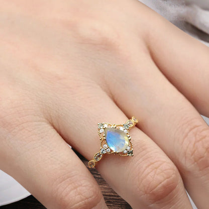 Vintage Birnenform Aquamarin Verlobungsring Set Unikat Versprechen Brautring Set Jubiläumsgeschenk