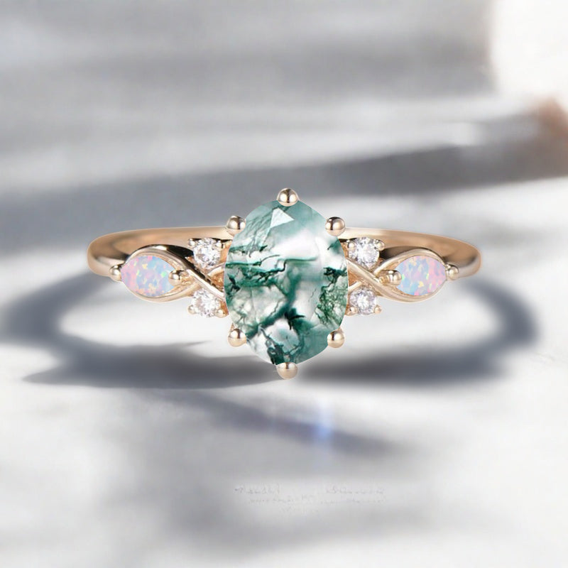 Vintage Oval Moss Agate Engagement Ring Oval Opal Promise Ring