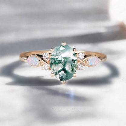 Vintage Oval Moss Agate Engagement Ring Oval Opal Promise Ring
