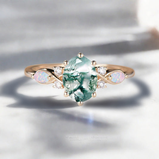 Vintage Oval Moss Agate Engagement Ring Oval Opal Promise Ring
