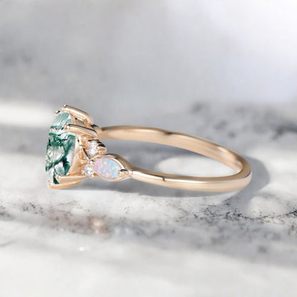 Vintage Oval Moss Agate Engagement Ring Oval Opal Promise Ring