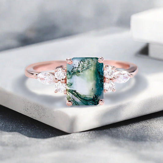 Lab Moss Agate Engagement Ring Emerald Cut Vintage Rose Gold Moss Agate Cluster Ring Bridal Promise Ring