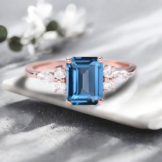 Lab Blue Topaz Engagement Ring Emerald Cut Vintage Rose Gold Moissanite Cluster Ring Bridal Promise Ring