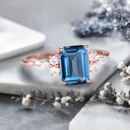 Lab Blue Topaz Engagement Ring Emerald Cut Vintage Rose Gold Moissanite Cluster Ring Bridal Promise Ring