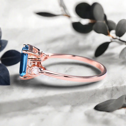 Lab Blue Topaz Engagement Ring Emerald Cut Vintage Rose Gold Moissanite Cluster Ring Bridal Promise Ring