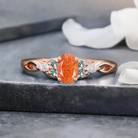 Vintage Oval Sunstone Engagement Ring Unique Moss Agate Sidestones Oval Gemstone Promise Ring