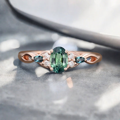 Vintage Oval Tsavorite Engagement Ring Unique Aquamarine Sidestones Oval Gemstone Promise Ring