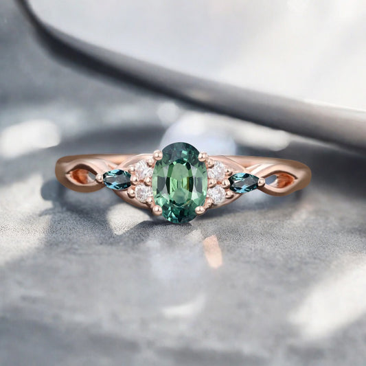 Vintage Oval Tsavorite Engagement Ring Unique Aquamarine Sidestones Oval Gemstone Promise Ring