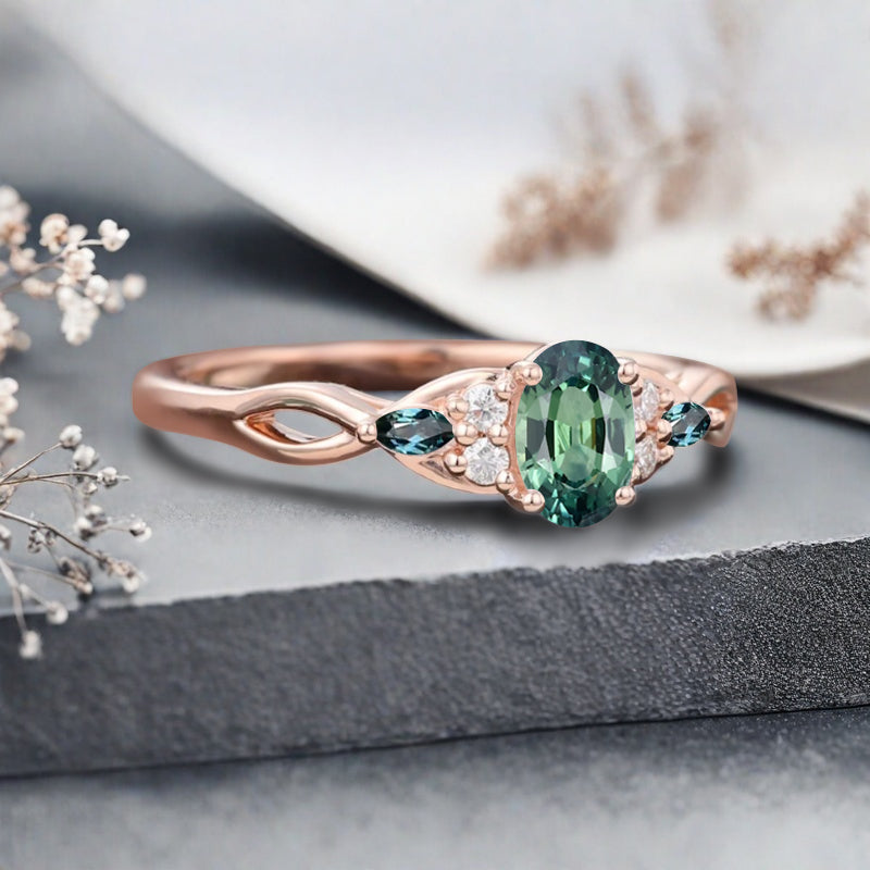 Vintage Oval Tsavorite Engagement Ring Unique Aquamarine Sidestones Oval Gemstone Promise Ring