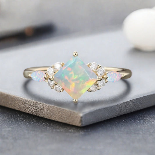 Vintage Princess Cut Ring, Opal Engagement Ring, September Birthstone Sterling Silver Ring, Handmade 18K Gold Art Deco Promise Ring
