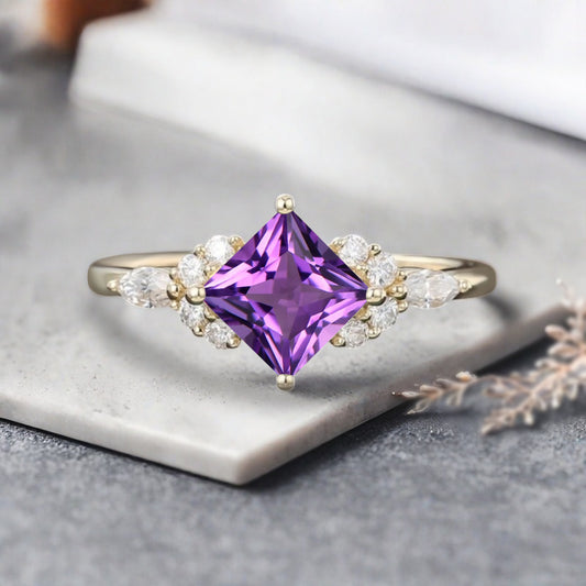 Vintage Princess Cut Ring, Amethyst Engagement Ring, September Birthstone Sterling Silver Ring, Handmade 18K Gold Art Deco Promise Ring