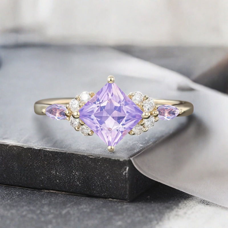 Vintage Princess Cut Ring, Amethyst Engagement Ring, September Birthstone Sterling Silver Ring, Handmade 18K Gold Art Deco Promise Ring