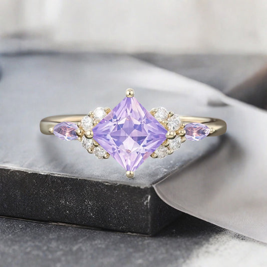 Vintage Princess Cut Ring, Amethyst Engagement Ring, September Birthstone Sterling Silver Ring, Handmade 18K Gold Art Deco Promise Ring