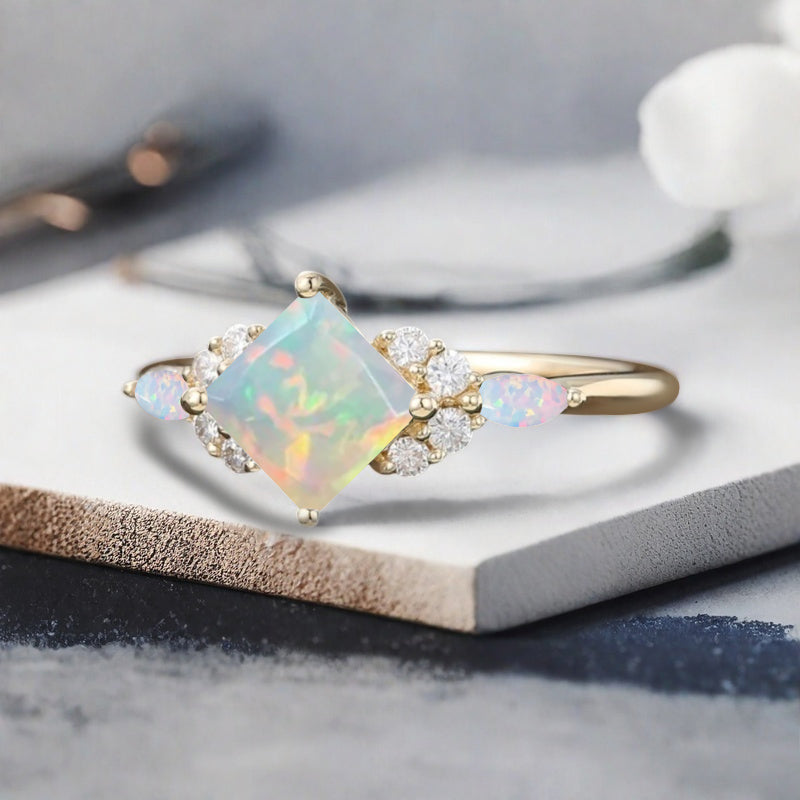 Vintage Princess Cut Ring, Opal Engagement Ring, September Birthstone Sterling Silver Ring, Handmade 18K Gold Art Deco Promise Ring