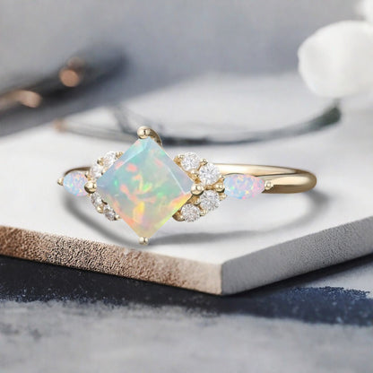 Vintage Princess Cut Ring, Opal Engagement Ring, September Birthstone Sterling Silver Ring, Handmade 18K Gold Art Deco Promise Ring