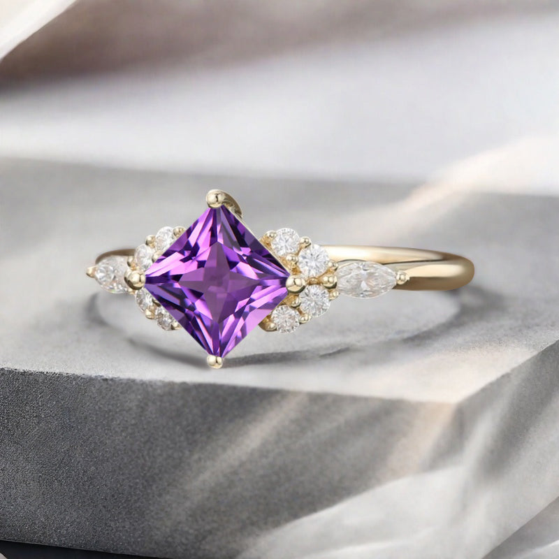 Vintage Princess Cut Ring, Amethyst Engagement Ring, September Birthstone Sterling Silver Ring, Handmade 18K Gold Art Deco Promise Ring