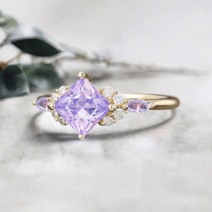 Vintage Princess Cut Ring, Amethyst Engagement Ring, September Birthstone Sterling Silver Ring, Handmade 18K Gold Art Deco Promise Ring