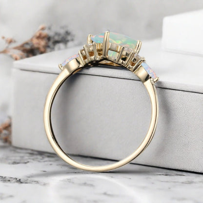 Vintage Princess Cut Ring, Opal Engagement Ring, September Birthstone Sterling Silver Ring, Handmade 18K Gold Art Deco Promise Ring
