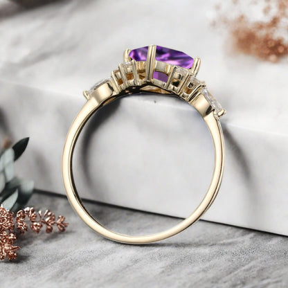 Vintage Princess Cut Ring, Amethyst Engagement Ring, September Birthstone Sterling Silver Ring, Handmade 18K Gold Art Deco Promise Ring