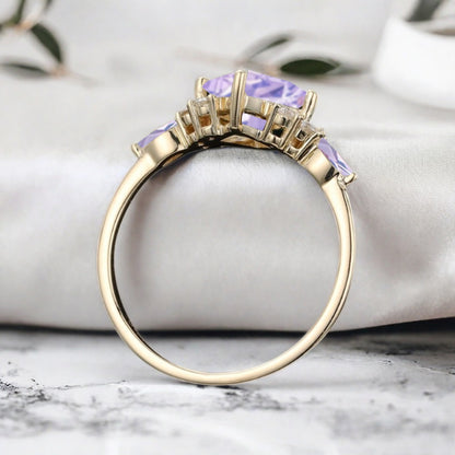 Vintage Princess Cut Ring, Amethyst Engagement Ring, September Birthstone Sterling Silver Ring, Handmade 18K Gold Art Deco Promise Ring