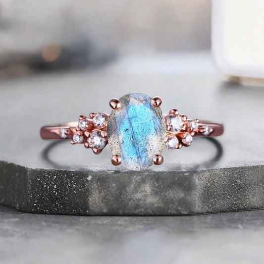 Bague de fiançailles vintage ovale en pierre de lune, bague de promesse unique en opale et moissanite
