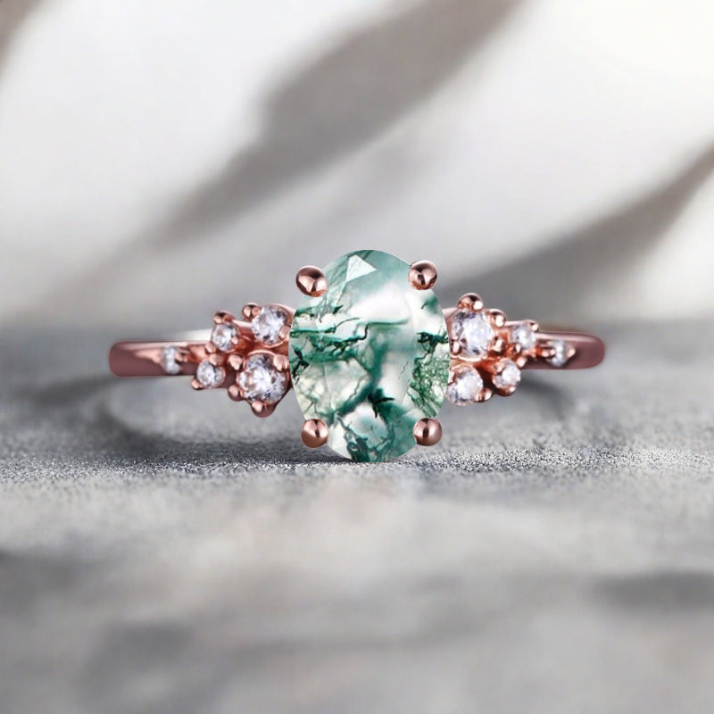 Bague de fiançailles vintage ovale en pierre de lune, bague de promesse unique en opale et moissanite