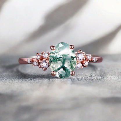 Bague de fiançailles vintage ovale en pierre de lune, bague de promesse unique en opale et moissanite