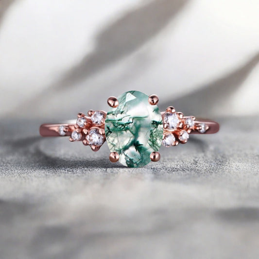 Bague de fiançailles vintage ovale en pierre de lune, bague de promesse unique en opale et moissanite