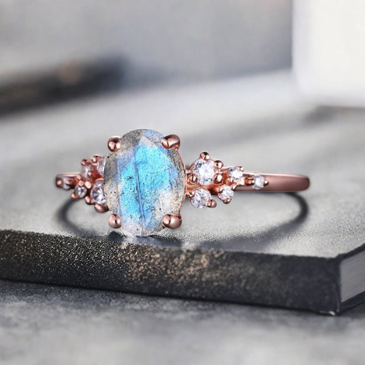 Bague de fiançailles vintage ovale en pierre de lune, bague de promesse unique en opale et moissanite
