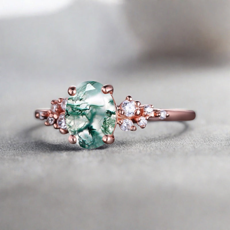 Bague de fiançailles vintage ovale en pierre de lune, bague de promesse unique en opale et moissanite
