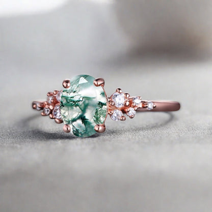 Bague de fiançailles vintage ovale en pierre de lune, bague de promesse unique en opale et moissanite
