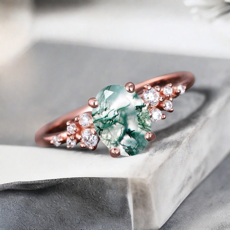 Bague de fiançailles vintage ovale en pierre de lune, bague de promesse unique en opale et moissanite