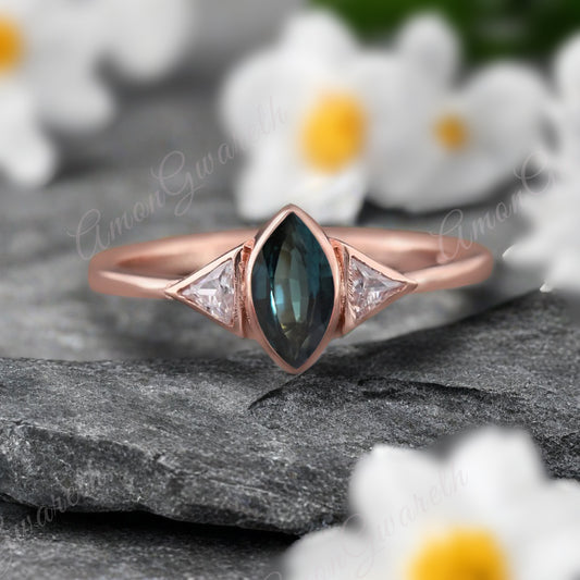 Unique Vintage Marquise Cut Blue-Green Sapphire Ring Solitaire Engagement Ring Art Deco Blue Green Sapphire Ring Handcrafted 14k Rose Gold Ring Bridal Promise Ring
