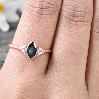 Unique Vintage Marquise Cut Blue-Green Sapphire Ring Solitaire Engagement Ring Art Deco Blue Green Sapphire Ring Handcrafted 14k Rose Gold Ring Bridal Promise Ring