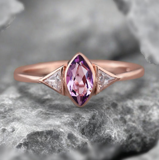 Unique Vintage Marquise Cut Amethyst Ring Solitaire Engagement Ring Art Deco Amethyst Ring Handcrafted 14k Rose Gold Ring Bridal Promise Ring