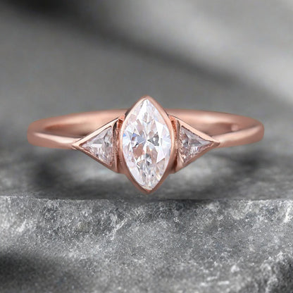 Unique Vintage Marquise Cut Moissanite Ring Solitaire Engagement Ring Art Deco Moissanite Ring Handcrafted 14k Rose Gold Ring Bridal Promise Ring