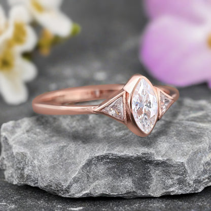 Unique Vintage Marquise Cut Moissanite Ring Solitaire Engagement Ring Art Deco Moissanite Ring Handcrafted 14k Rose Gold Ring Bridal Promise Ring
