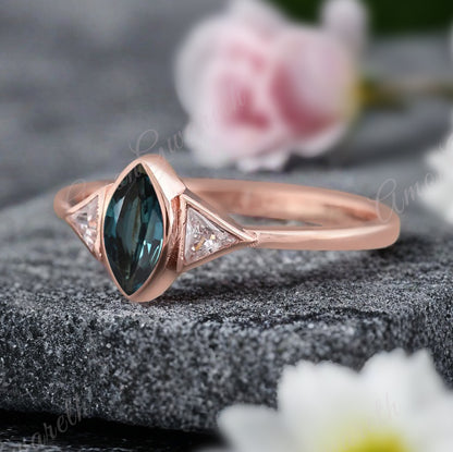 Unique Vintage Marquise Cut Blue-Green Sapphire Ring Solitaire Engagement Ring Art Deco Blue Green Sapphire Ring Handcrafted 14k Rose Gold Ring Bridal Promise Ring