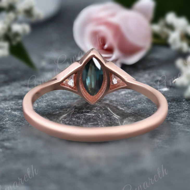 Unique Vintage Marquise Cut Blue-Green Sapphire Ring Solitaire Engagement Ring Art Deco Blue Green Sapphire Ring Handcrafted 14k Rose Gold Ring Bridal Promise Ring