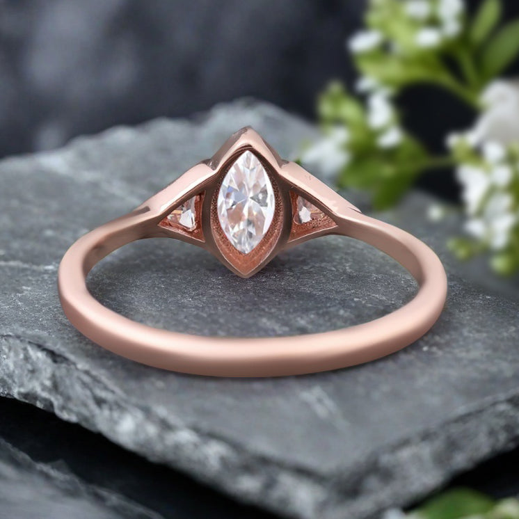 Unique Vintage Marquise Cut Moissanite Ring Solitaire Engagement Ring Art Deco Moissanite Ring Handcrafted 14k Rose Gold Ring Bridal Promise Ring