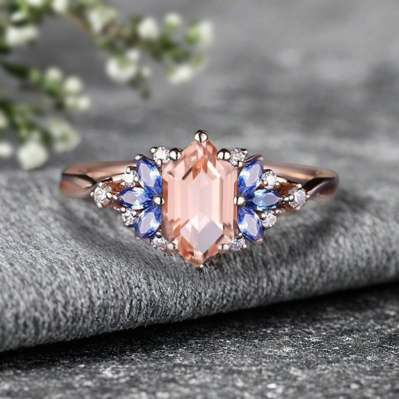 Vintage Hexagon Cut Pink Sapphire Engagement Ring Blue Topaz Wedding Ring Art Deco Rose Gold Dainty Bridal Ring Anniversary Ring