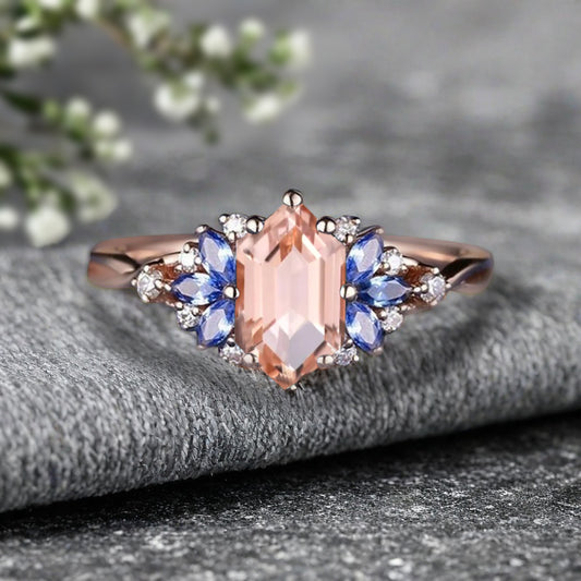 Vintage Hexagon Cut Pink Sapphire Engagement Ring Blue Topaz Wedding Ring Art Deco Rose Gold Dainty Bridal Ring Anniversary Ring