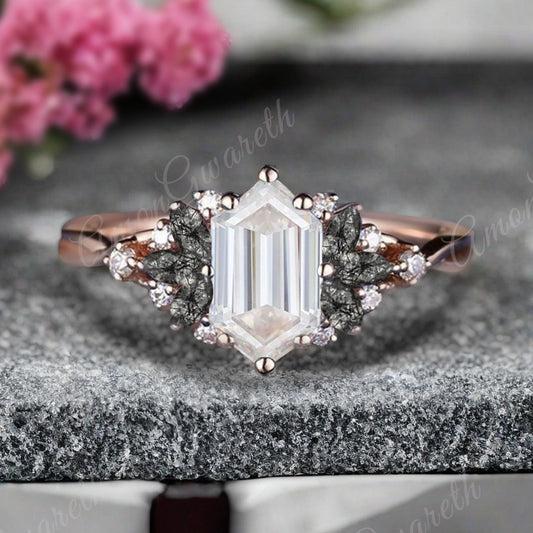 Vintage Hexagon Cut Moissanite Engagement Ring Black Rutilated Quartz Wedding Ring Art Deco Rose Gold Dainty Bridal Ring Anniversary Ring