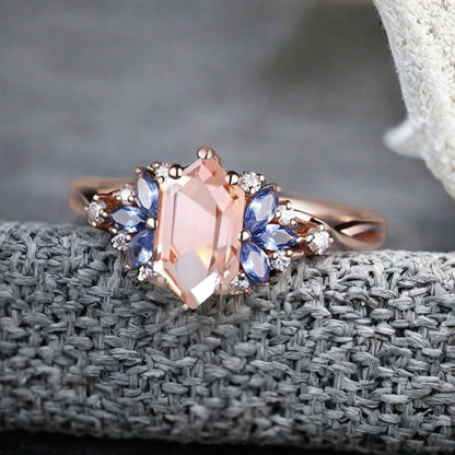 Vintage Hexagon Cut Pink Sapphire Engagement Ring Blue Topaz Wedding Ring Art Deco Rose Gold Dainty Bridal Ring Anniversary Ring
