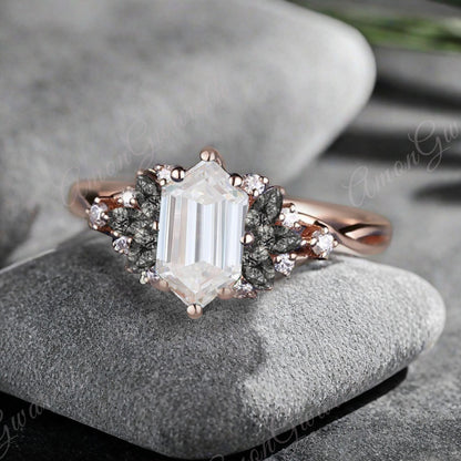 Vintage Hexagon Cut Moissanite Engagement Ring Black Rutilated Quartz Wedding Ring Art Deco Rose Gold Dainty Bridal Ring Anniversary Ring