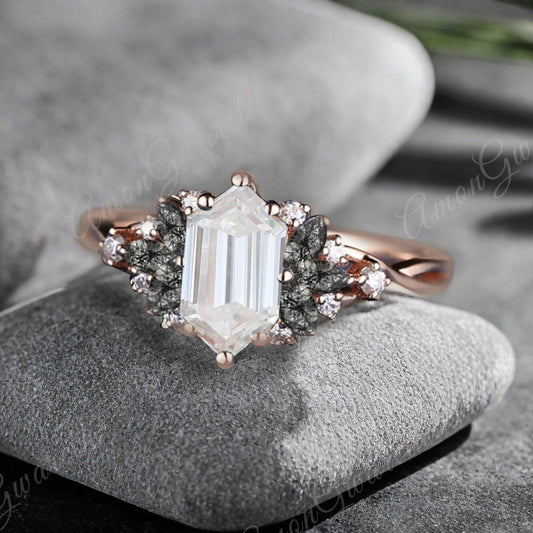 Vintage Hexagon Cut Moissanite Engagement Ring Black Rutilated Quartz Wedding Ring Art Deco Rose Gold Dainty Bridal Ring Anniversary Ring