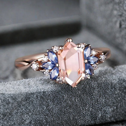 Vintage Hexagon Cut Pink Sapphire Engagement Ring Blue Topaz Wedding Ring Art Deco Rose Gold Dainty Bridal Ring Anniversary Ring