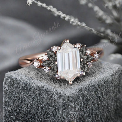 Vintage Hexagon Cut Moissanite Engagement Ring Black Rutilated Quartz Wedding Ring Art Deco Rose Gold Dainty Bridal Ring Anniversary Ring