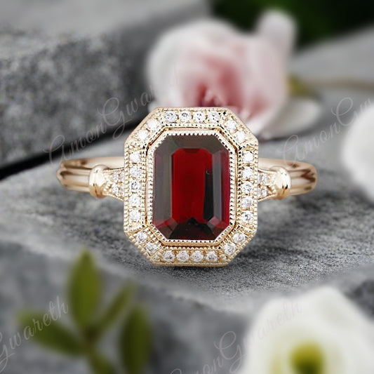 Vintage Ruby Emerald Cut Ring Art Deco Ruby Engagement Rings July Birthstone Ring Handmade Octagon Gemstone Statement Ring Personalized Jewelry Gift For Her