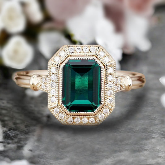 Vintage Emerald Ring Art Deco Emerald Engagement Rings May Birthstone Ring Handmade Octagon Gemstone Statement Ring Personalized Jewelry Gift For Her